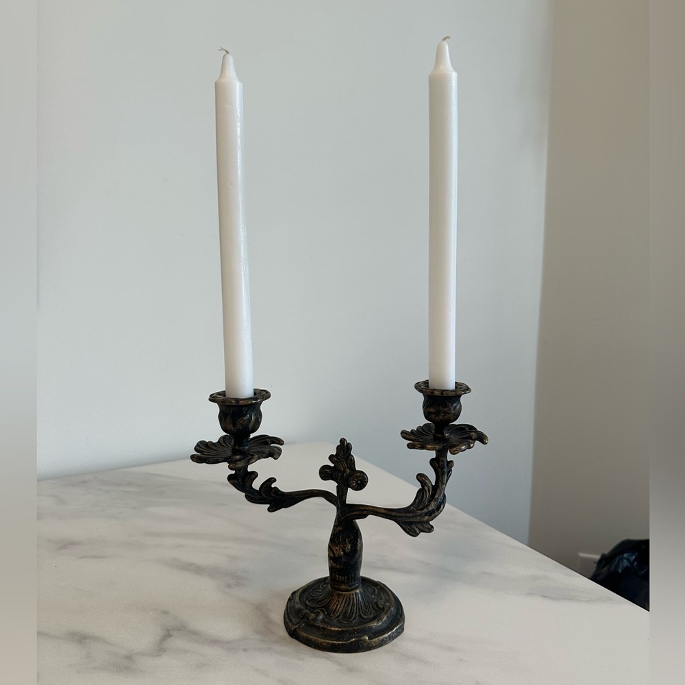 Antique Solid Brass Double Arm Candelabra w/ Leafy Motives